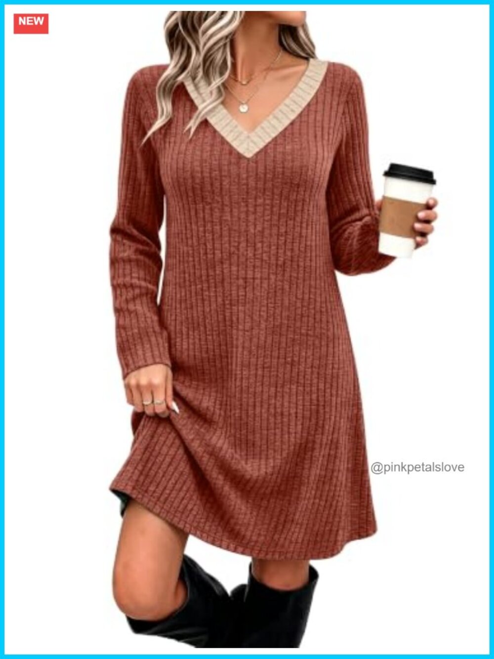 Ribbed Knit Long Sleeve V-Neck Sweater Dress with Pockets